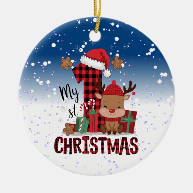 1st Christmas Santa Hat White Snow Baby Reindeer Ceramic Ornament (Front)