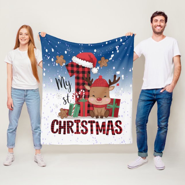 1st Christmas Santa Hat White Snow Baby Reindeer Fleece Blanket (In Situ)