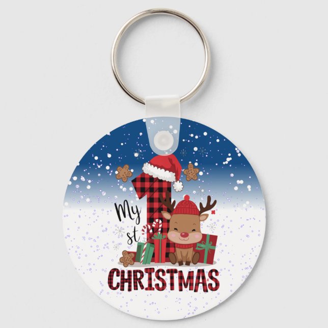 1st Christmas Santa Hat White Snow Baby Reindeer Keychain (Front)