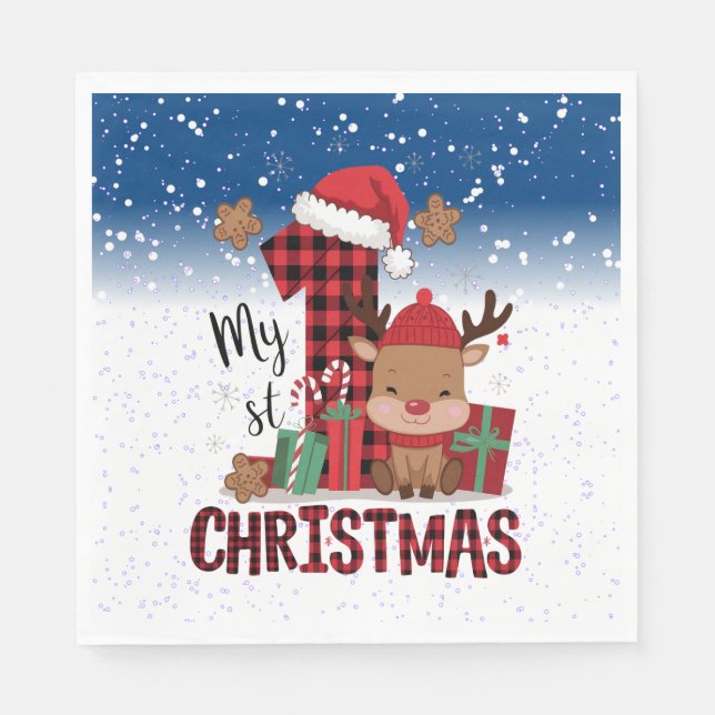 1st Christmas Santa Hat White Snow Baby Reindeer Napkins (Front)