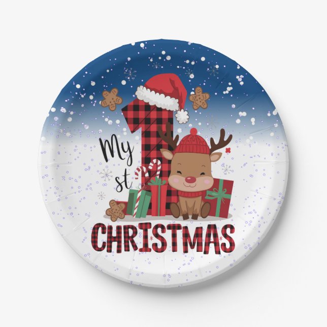 1st Christmas Santa Hat White Snow Baby Reindeer Paper Plates (Front)