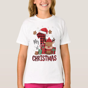 1st Christmas Santa Hat White Snow Baby Reindeer T-Shirt