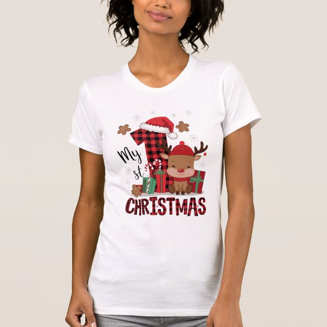 1st Christmas Santa Hat White Snow Baby Reindeer T-Shirt (Front)