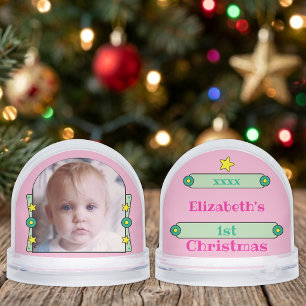 1st Christmas stars name year yellow pink green Snow Globe