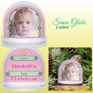 1st Christmas stars name year yellow pink green Snow Globe