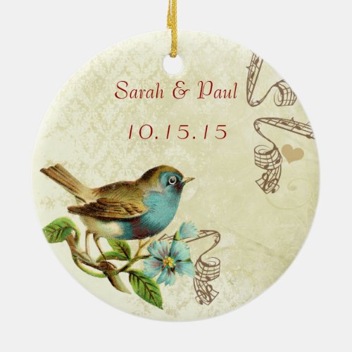 1st Christmas Teal Vintage Bird Photo Musical Note Ceramic Ornament