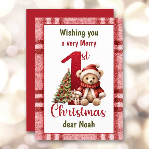 1st Christmas Teddy Bear Christmas Tree Plaid Holiday Card
