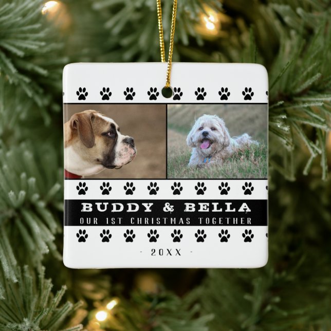 1st Christmas Together 2 Dogs Paw Photo Keepsake Ceramic Ornament (Tree)
