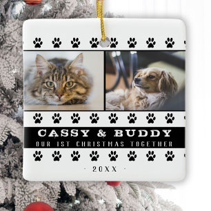 1st Christmas Together Cat Dog Paw 2 Photo Ceramic Ornament