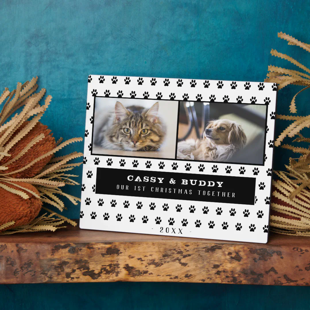 1st Christmas Together cat and dog paw print plaque with two custom photos.