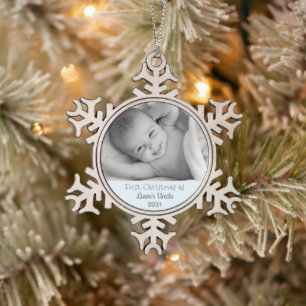 1st Christmas Uncle Nephew Personalized Photo Snowflake Pewter Christmas Ornament