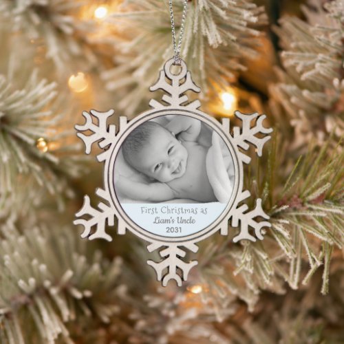 1st Christmas Uncle Nephew Personalized Photo Snowflake Pewter Christmas Ornament