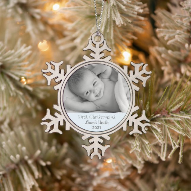 1st Christmas Uncle Nephew Personalized Photo Snowflake Pewter Christmas Ornament (Tree)