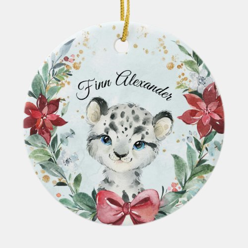1st Christmas With Cute Watercolor Snow Leopard  Ceramic Ornament
