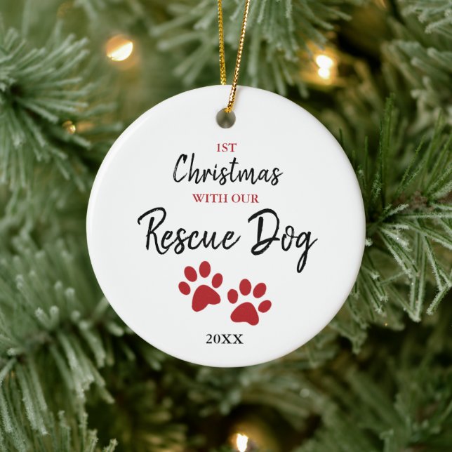 1st Christmas With Our Rescue Dog Personalized Ceramic Ornament (Tree)