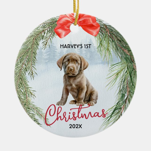 1st Christmas Wreath Brown Labrador Retriever Ceramic Ornament (Front)