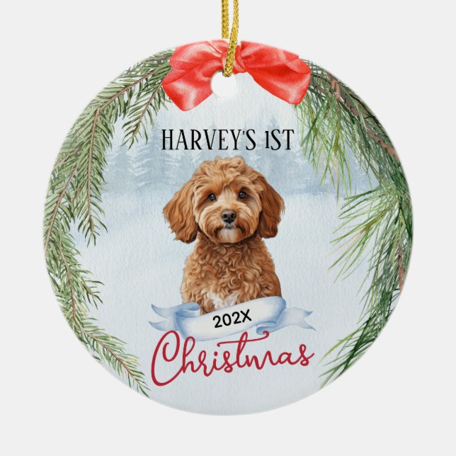 1st Christmas Wreath Cavoodle Cavapoo Cavadoodle Ceramic Ornament (Front)