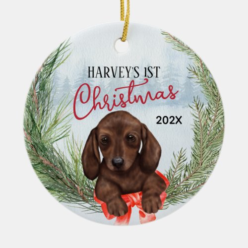 1st Christmas Wreath Chocolate Brown Dachshund Pup Ceramic Ornament