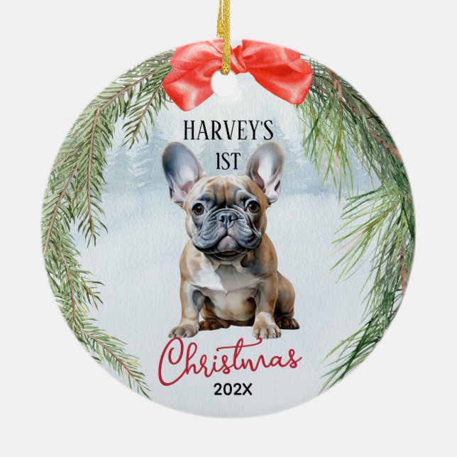 1st Christmas Wreath Frenchie French Bulldog Ceramic Ornament (Back)