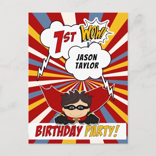 1st Comic Book Superhero Styled Birthday Party Invitation Postcard (Front)