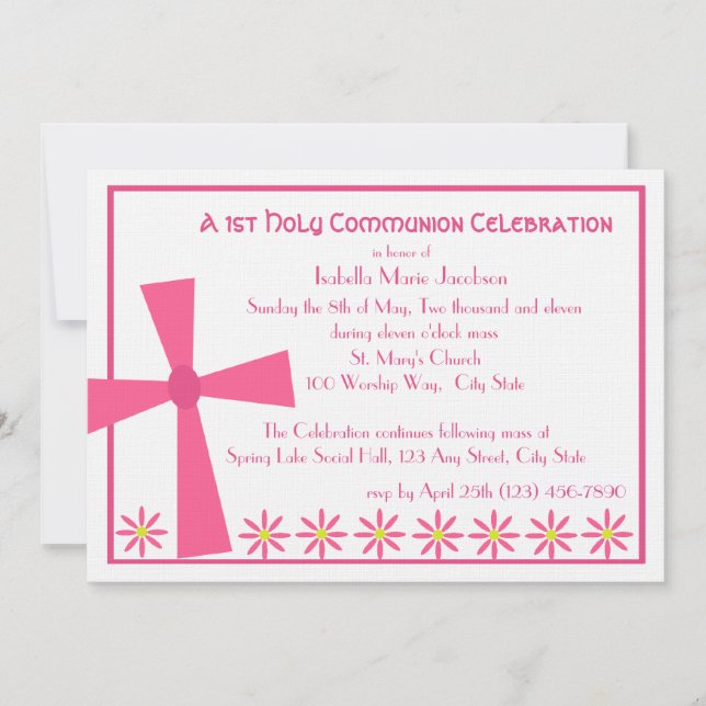 1st Communion Cross and Flowers Invitation (Front)