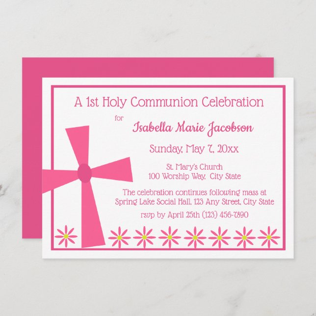 1st Communion Cross and Flowers Invitation (Front/Back)