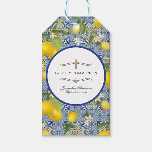1st Communion Lemon Floral Citrus Foliage Blue Gift Tags