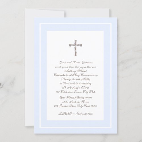 1st Communion Soft blue and Brown Invite
