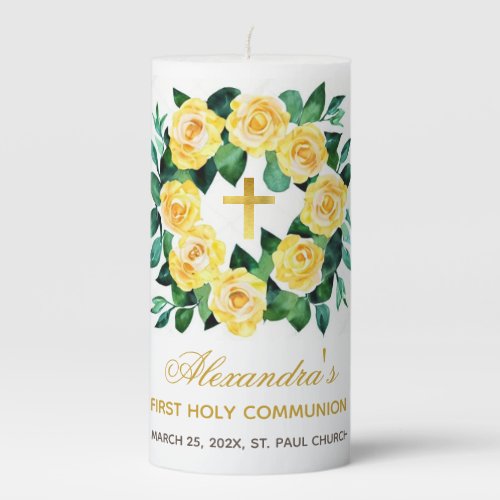 1st Communion Yellow Rose Wreath Floral Watercolor Pillar Candle