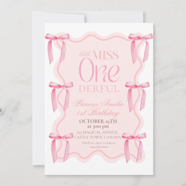  1st Dusty Pink Bows Birthday Party Princess Invitation (Front)