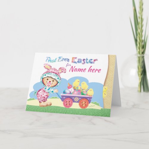 1st Easter Baby Girl Wooly Bunny with Eggs Holiday Card
