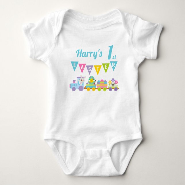 1st Easter Bunny And Train Blue Baby Bodysuit (Front)
