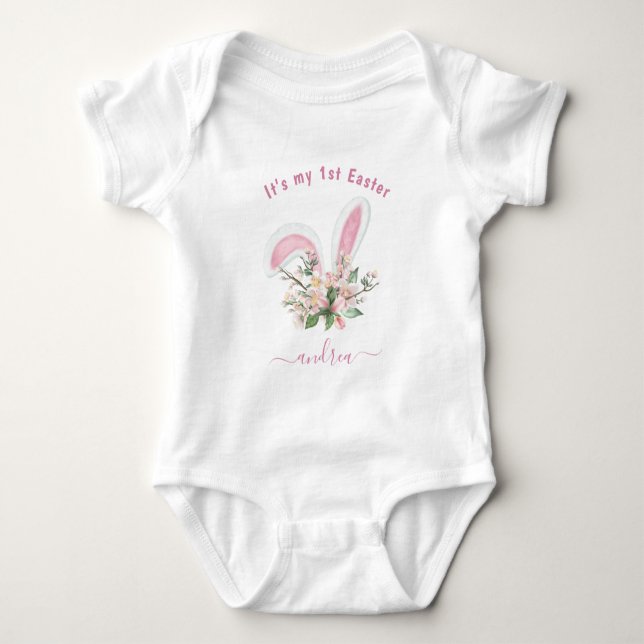 1st Easter Girl's Name Watercolor Bunny Ears Eggs  Baby Bodysuit (Front)