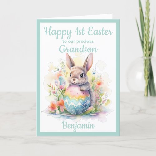 1st Easter Grandson Bunny Egg Blue  Holiday Card