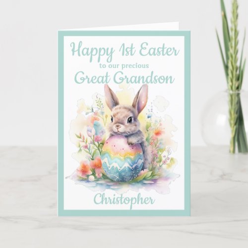 1st Easter Great Grandson Bunny Egg Blue  Holiday Card