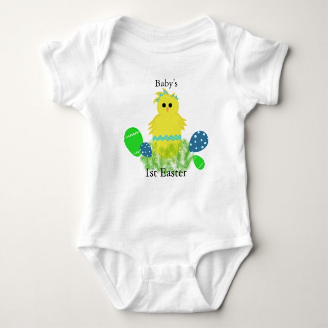 1st Easter Yellow Blue Baby Chick Egg Baby Bodysuit (Front)