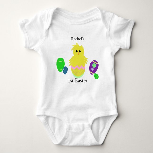 1st Easter Yellow Chick Green Baby Bodysuit (Front)