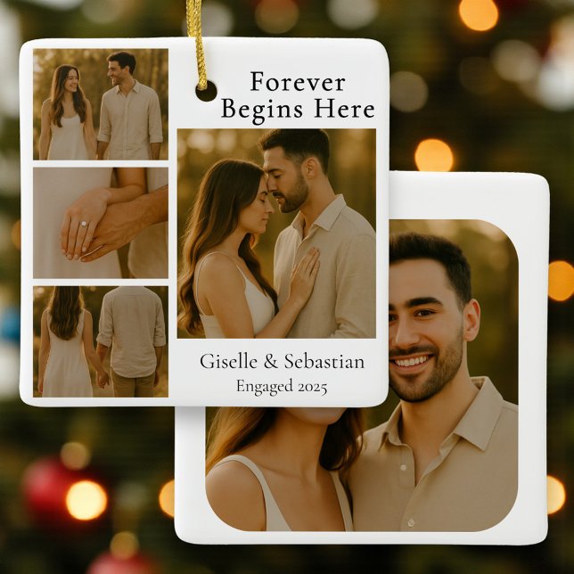 1st Engaged Photo Collage Christmas Holiday Ceramic Ornament (Creator Uploaded)