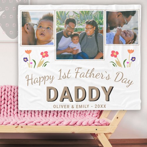 1st Fathers Day Daddy Keepsake 3 Photo Fleece Blanket