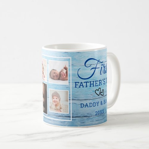 1st Fathers Day 7 Photo Collage Rustic Blue Wood Coffee Mug