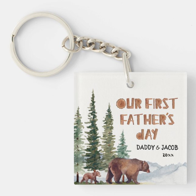 1st Father's Day Bear Personalized Woodland Keychain (Front)