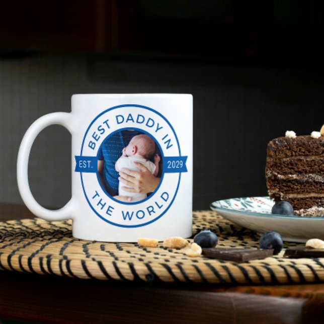 1st Father's Day Best Daddy in the World Blue Year Coffee Mug (Easily personalize this Best Daddy in the World First Father's Day 2 photo mug for a special gift)