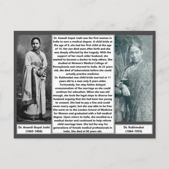 1st Female Doctors India Rukmabai Anandi Joshi Postcard (Front)