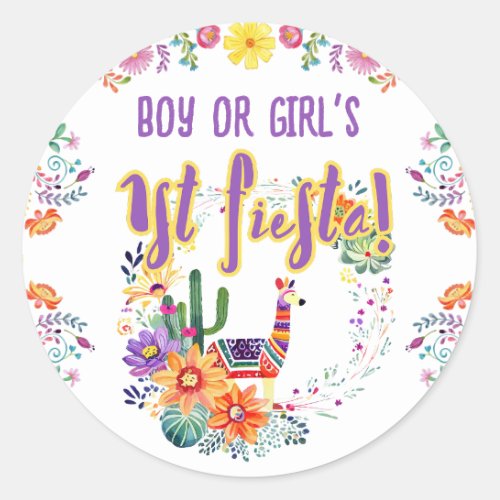 1st Fiesta Birthday Boy Girl Folkart Floral Favor Classic Round Sticker