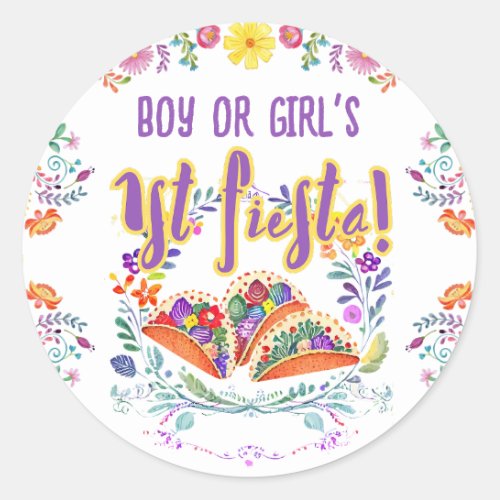 1st Fiesta Birthday Boy Girl Folkart Floral Favor Classic Round Sticker