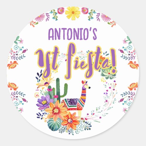 1st Fiesta Birthday For a BOY Folkart Floral Favor Classic Round Sticker