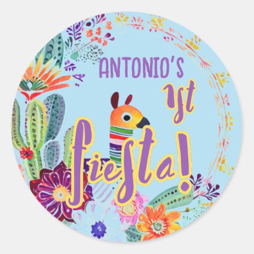 1st Fiesta Birthday For BOY Folkart Floral Favor Classic Round Sticker