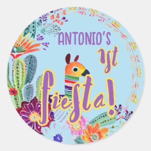1st Fiesta Birthday For BOY Folkart Floral Favor Classic Round Sticker