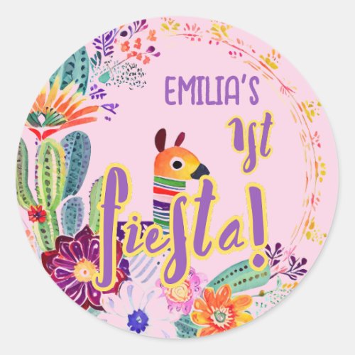 1st Fiesta Birthday For Girl Folkart Floral Favor Classic Round Sticker