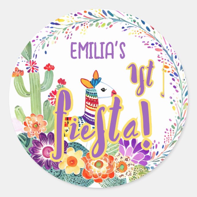 1st Fiesta Birthday For Girl Folkart Floral Favor Classic Round Sticker (Front)